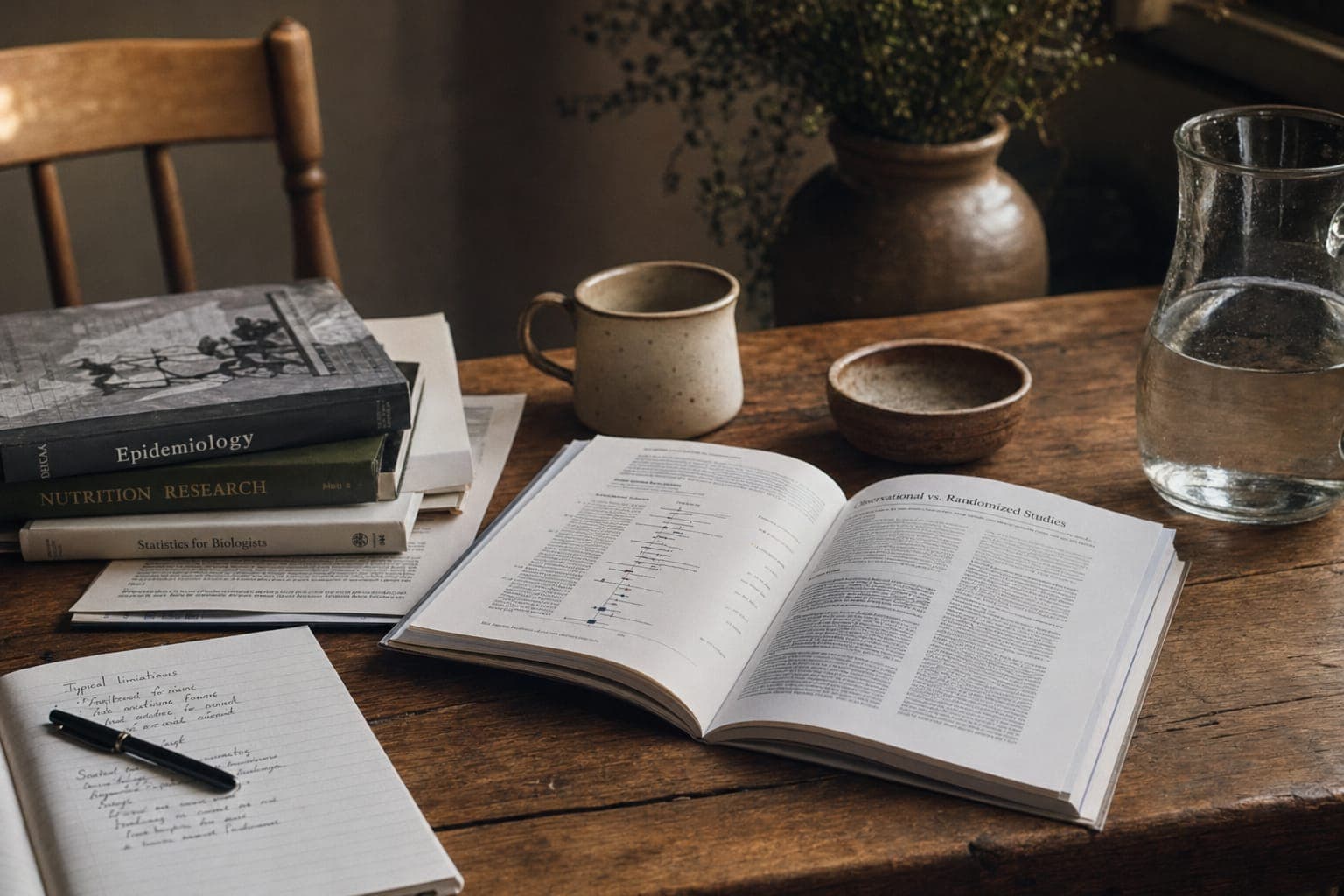 An open book on a wooden table by a window in soft light