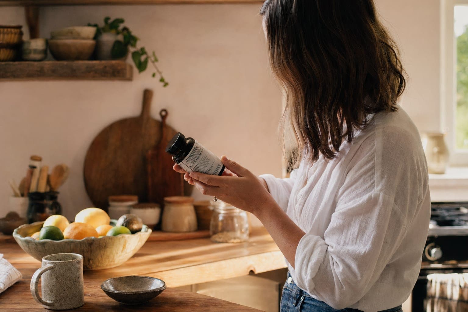 A woman reading a food label at a kitchen counter in warm light