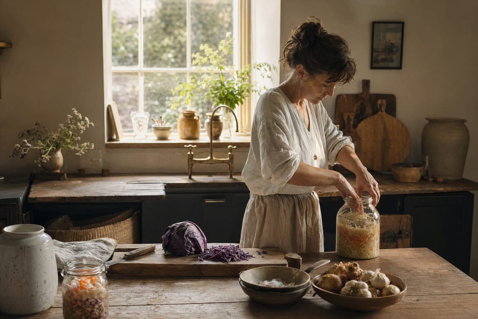 A person stirring a cup in a warm kitchen in soft light