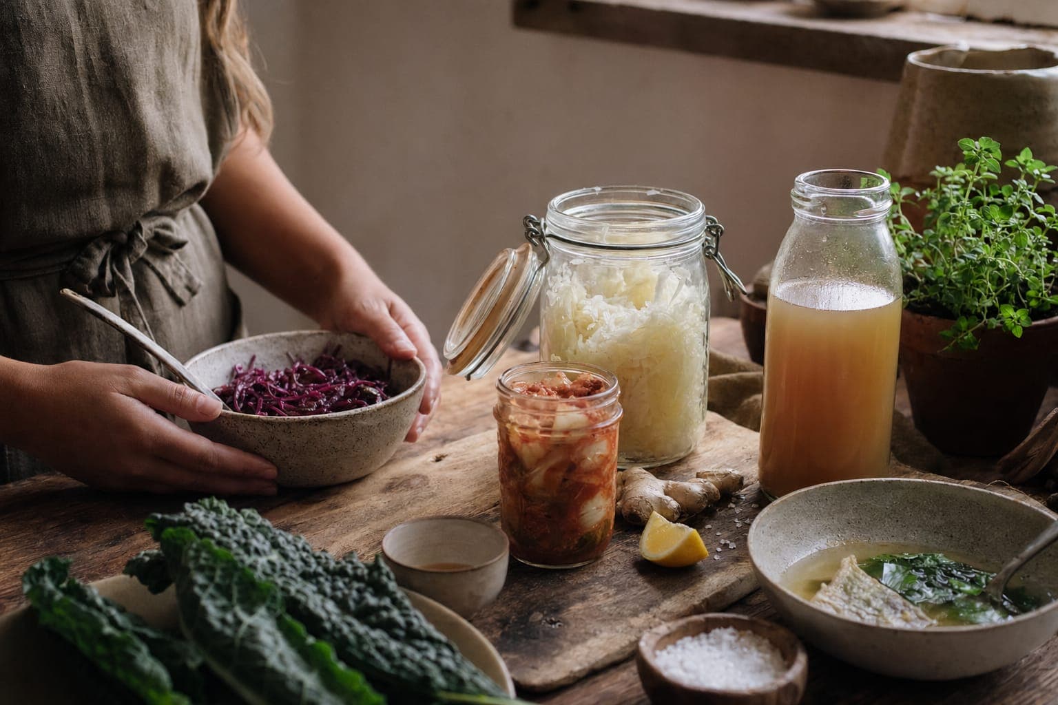Jars of fermented foods and a glass on a counter in warm light