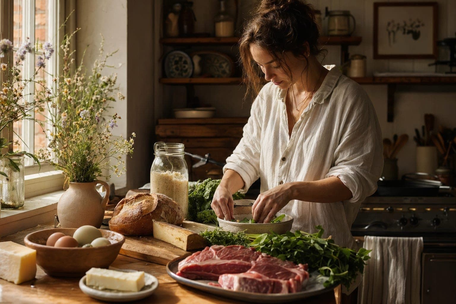 A woman in a kitchen with bread and meat in warm light