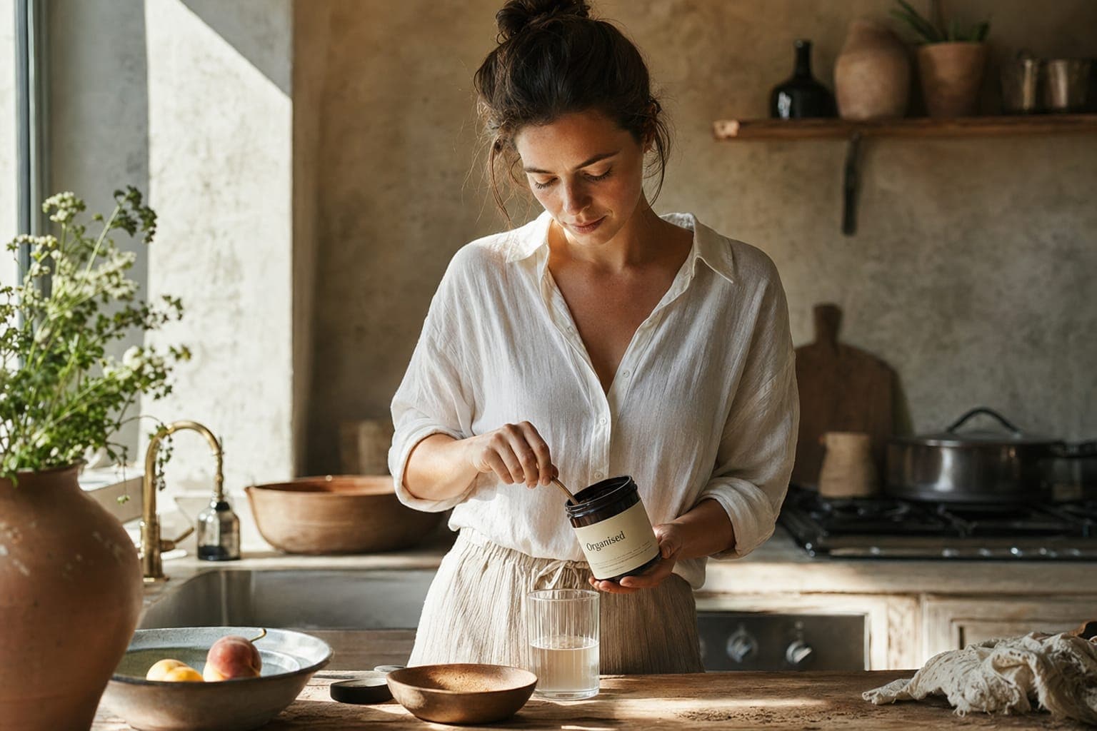 A person in a robe preparing food in a warm kitchen