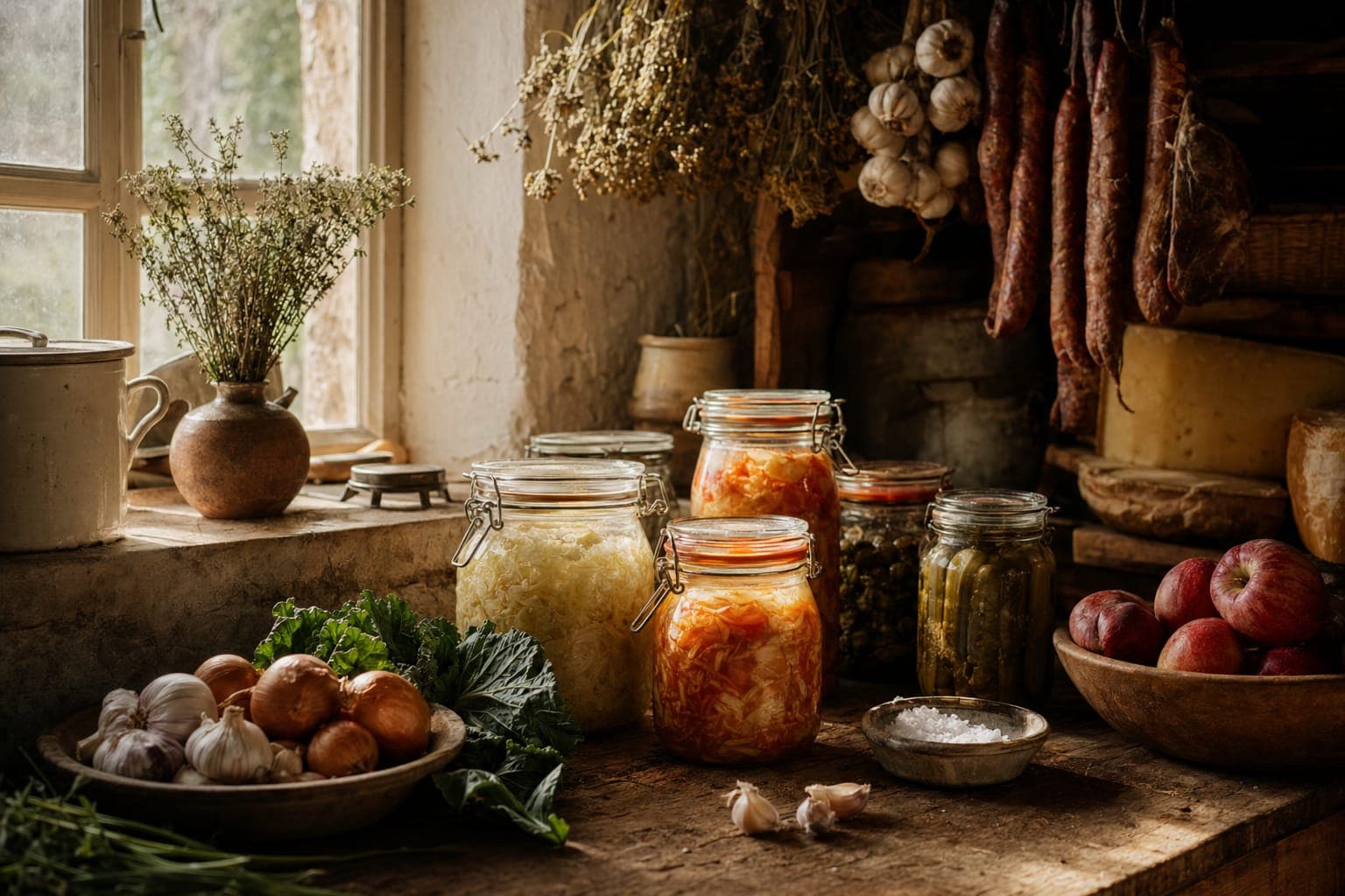 Jars of preserves and cured meats on a kitchen counter in warm light