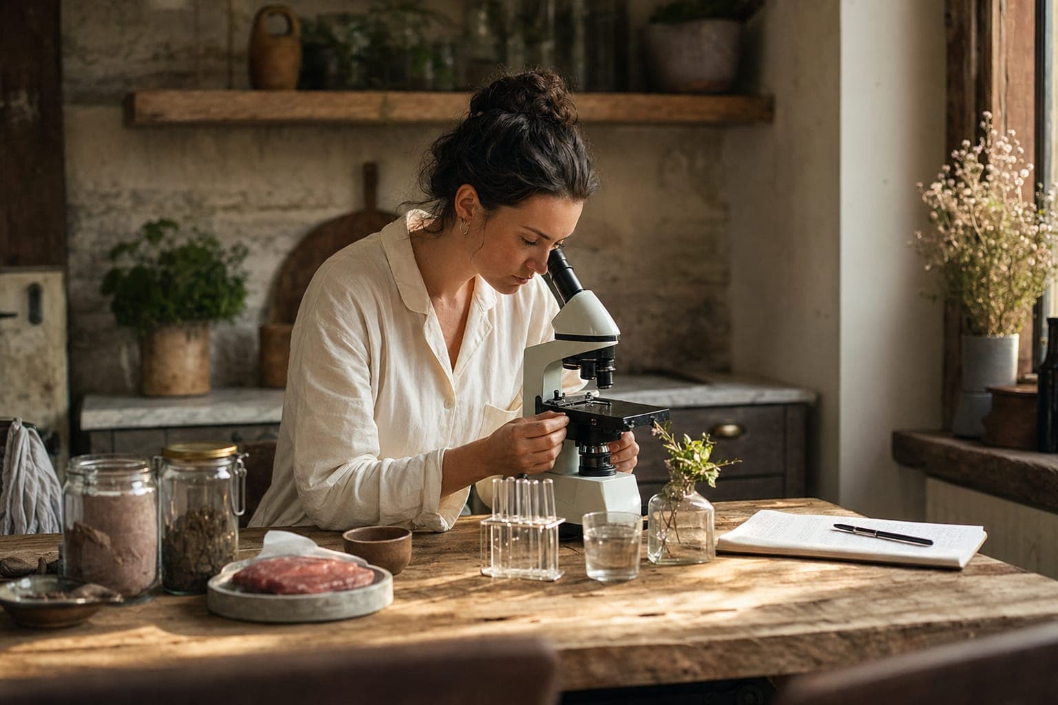 A woman examining jars at a counter in a warm kitchen