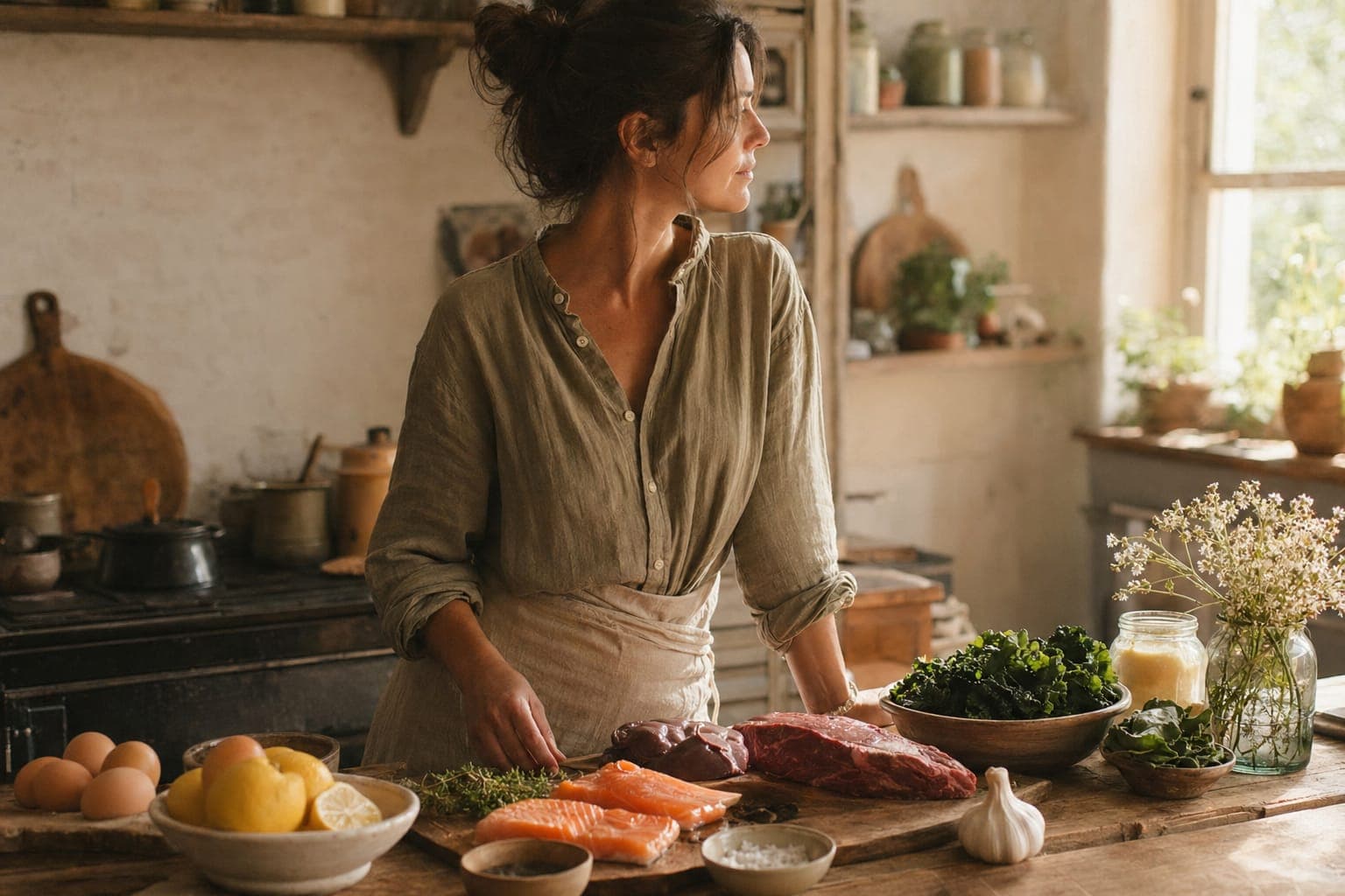 A woman in athletic wear in a bright kitchen in soft light