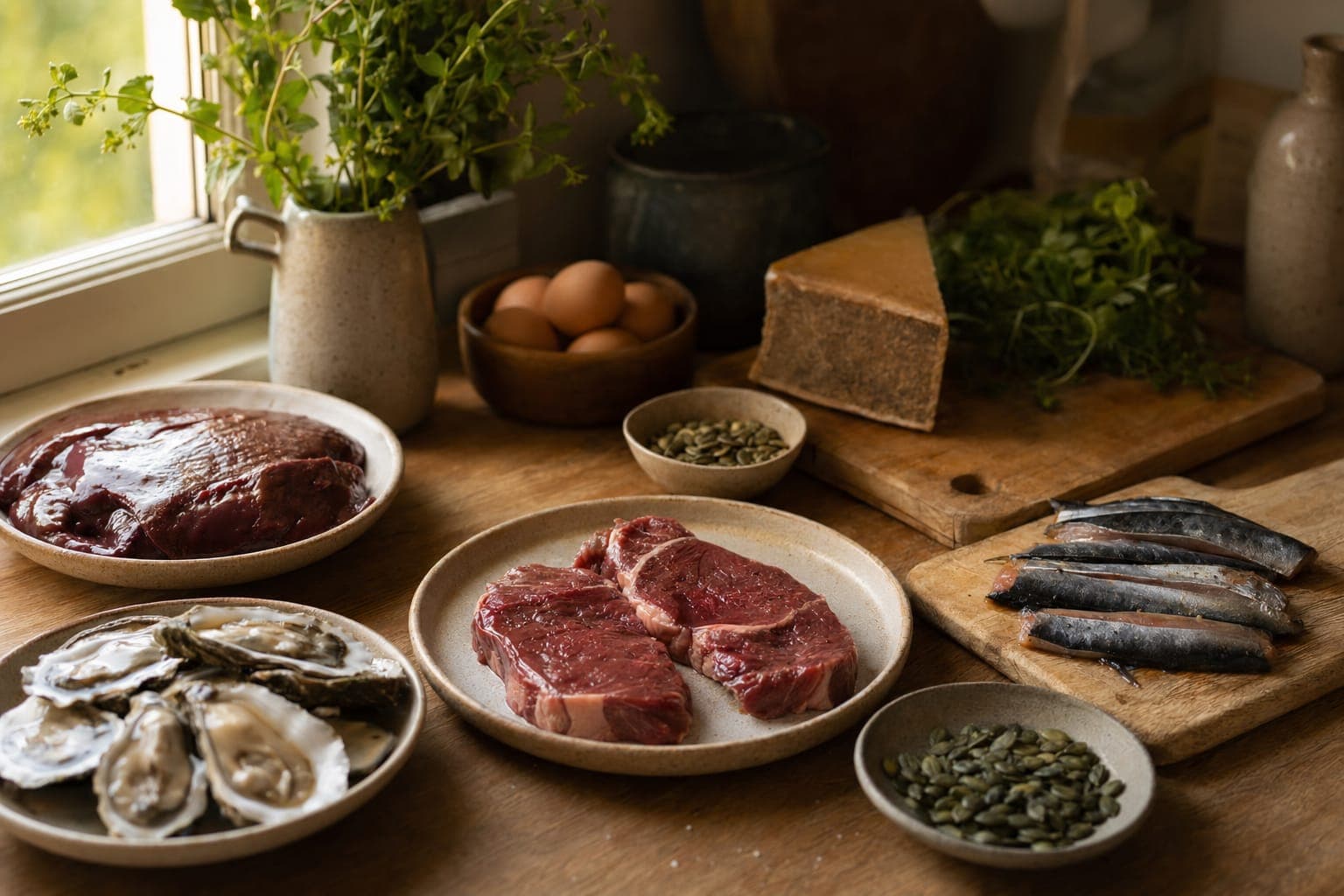 Raw meats and seafood on a wooden board in soft natural light