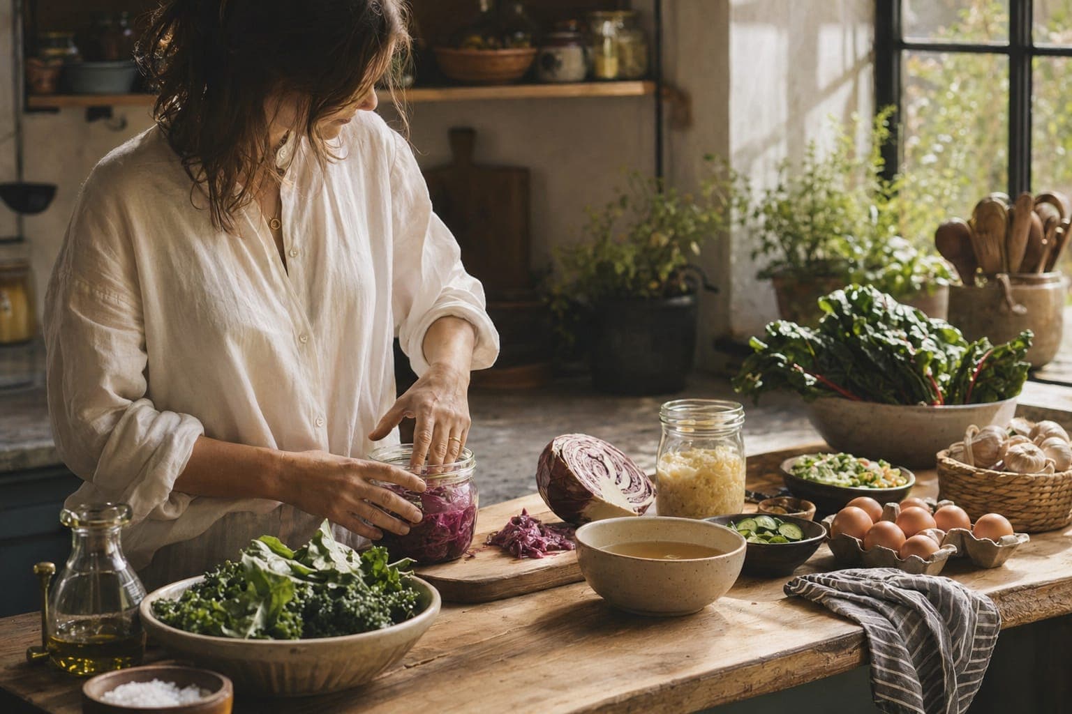 Fresh vegetables and herbs on a kitchen counter in warm light