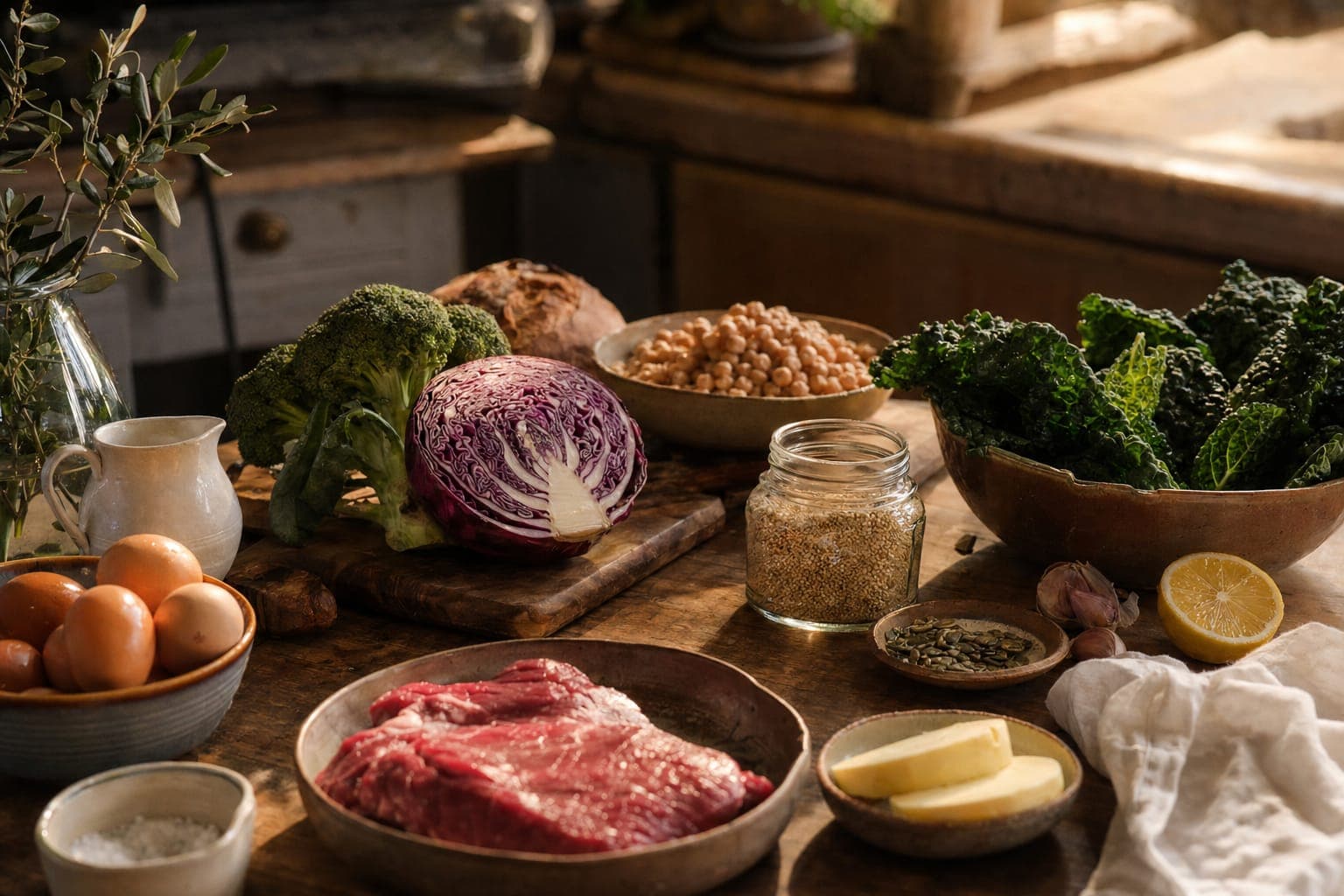 A colourful spread of vegetables and fruit on a rustic table