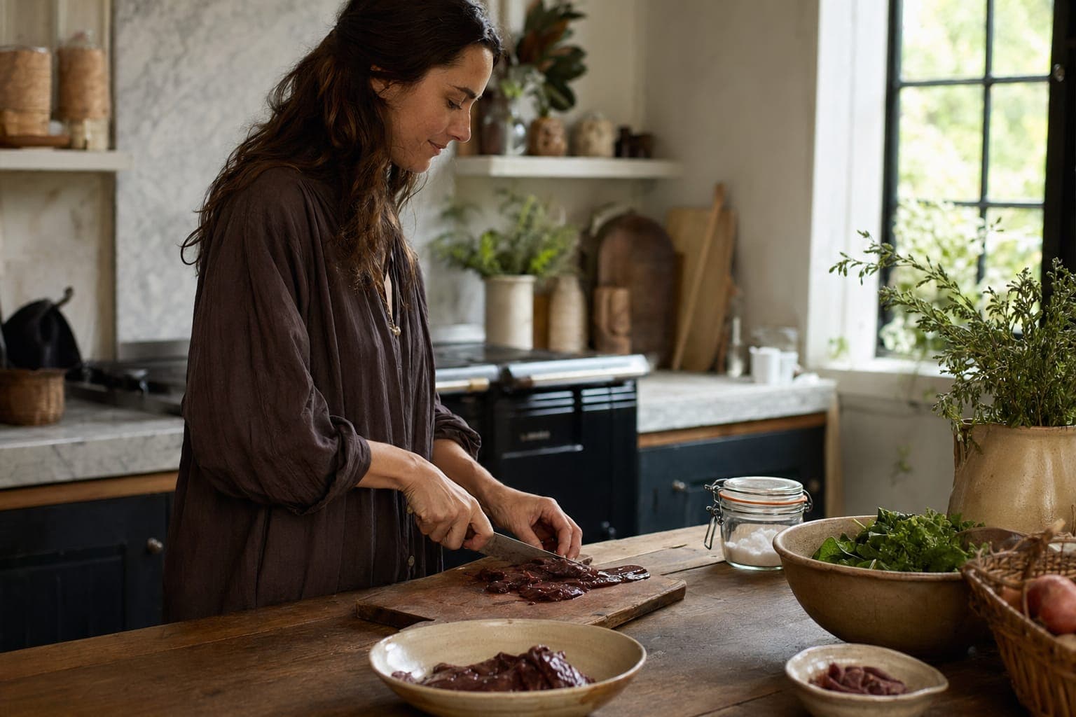A woman slicing food at a kitchen counter in warm light