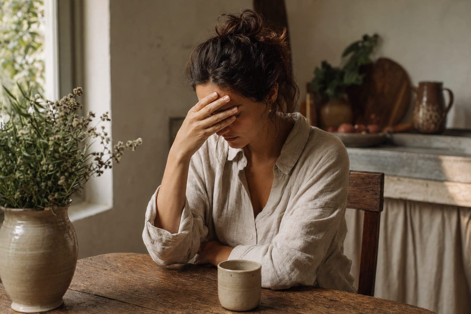 A tired person resting their head in hands at a table in soft light