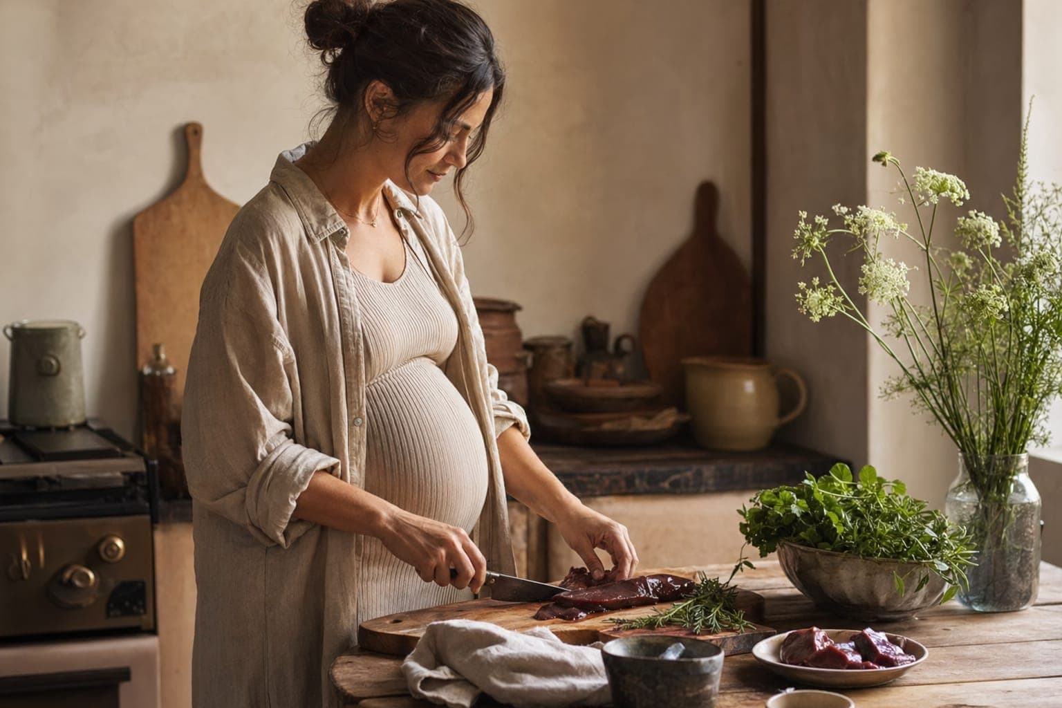 A pregnant woman in a kitchen with fresh herbs in soft light
