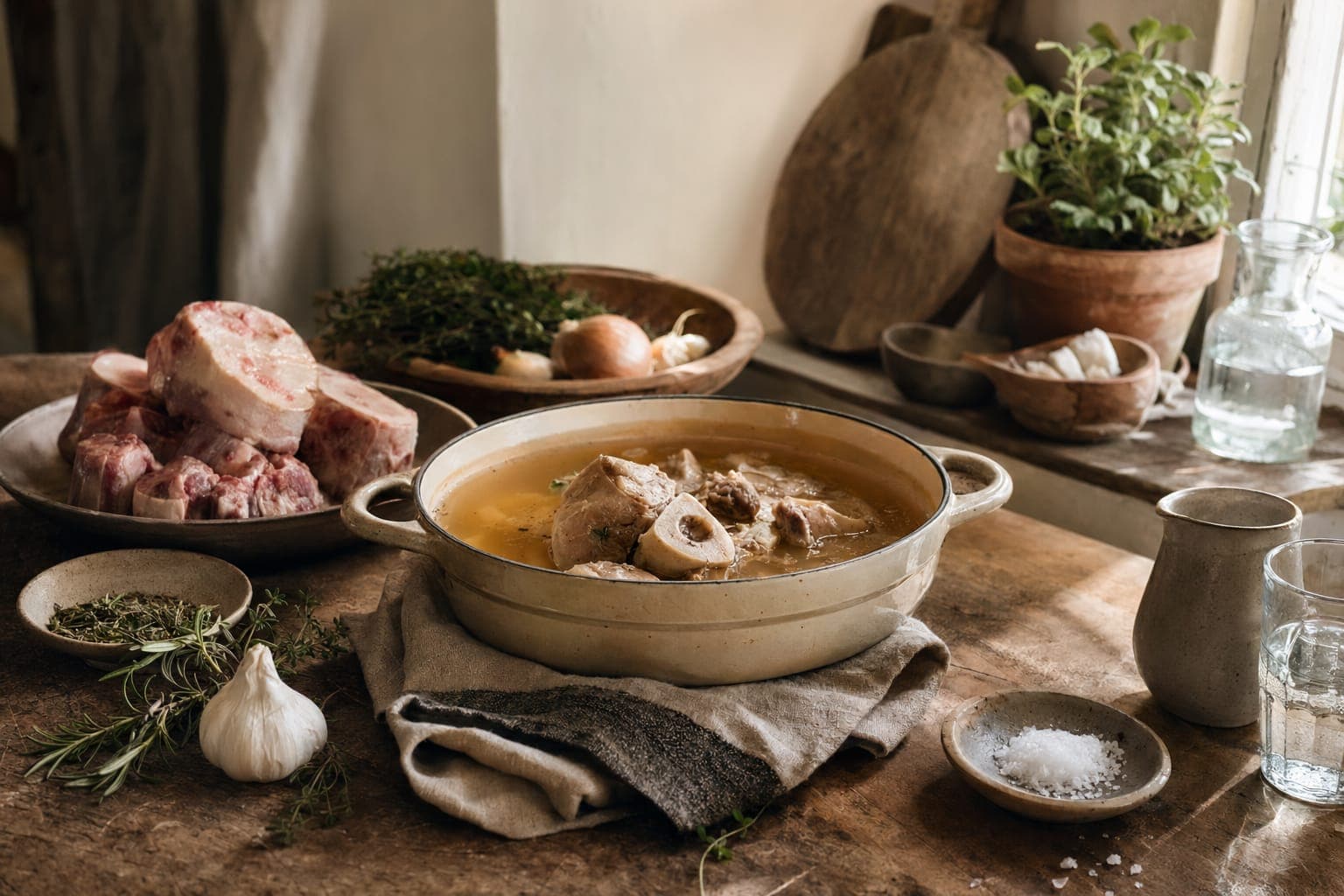 A pot of broth with bowls and ingredients on a rustic table