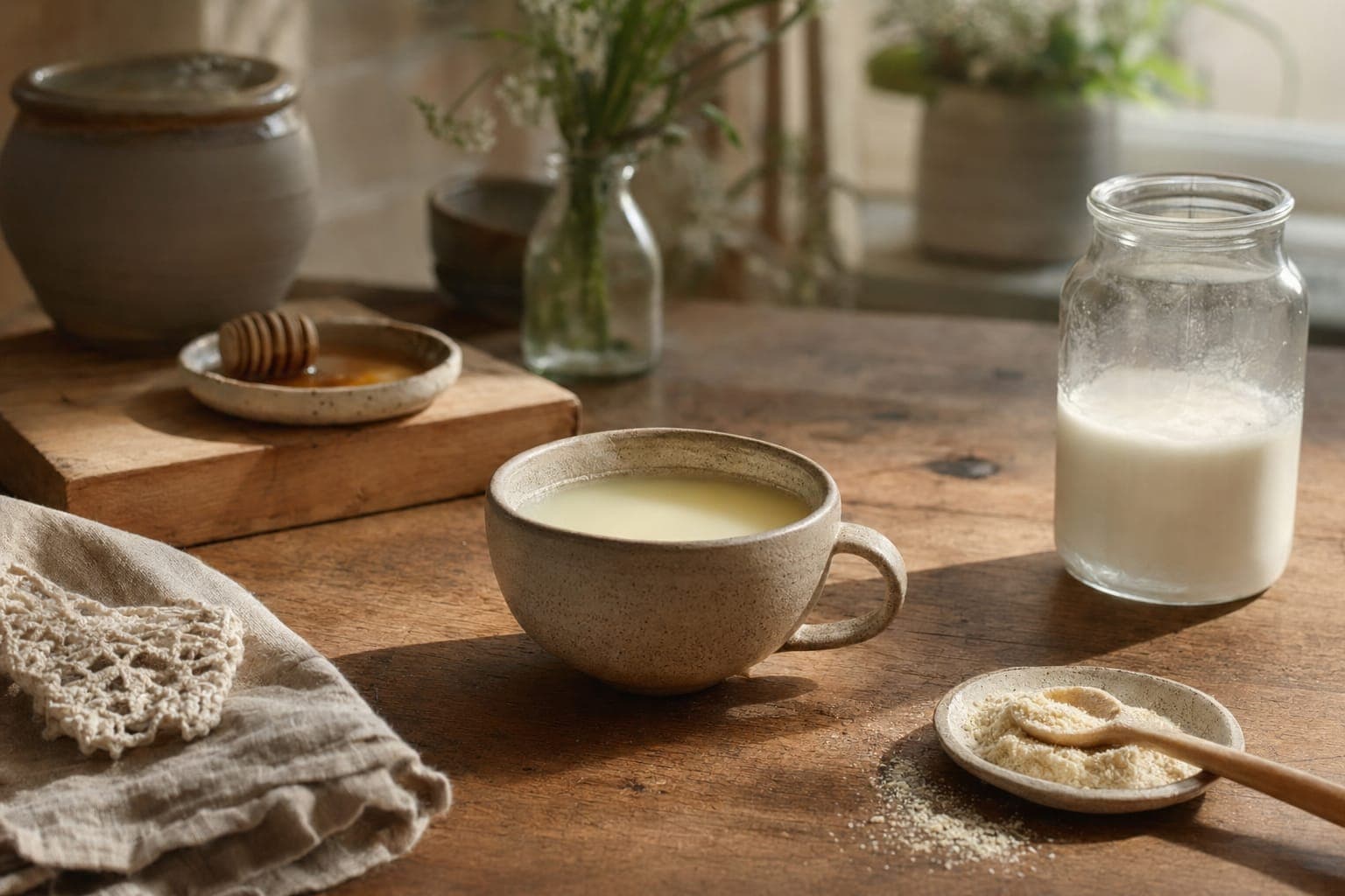 A glass and jug of milk on a wooden table in soft light