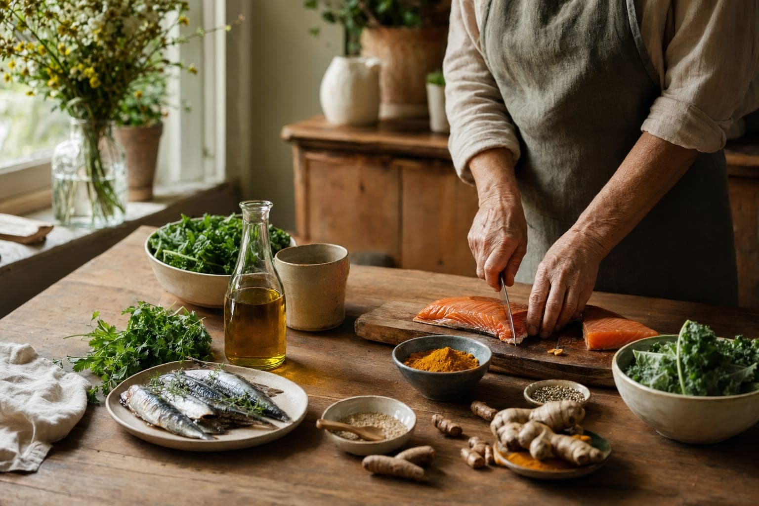 A person preparing salmon and vegetables at a counter in warm light