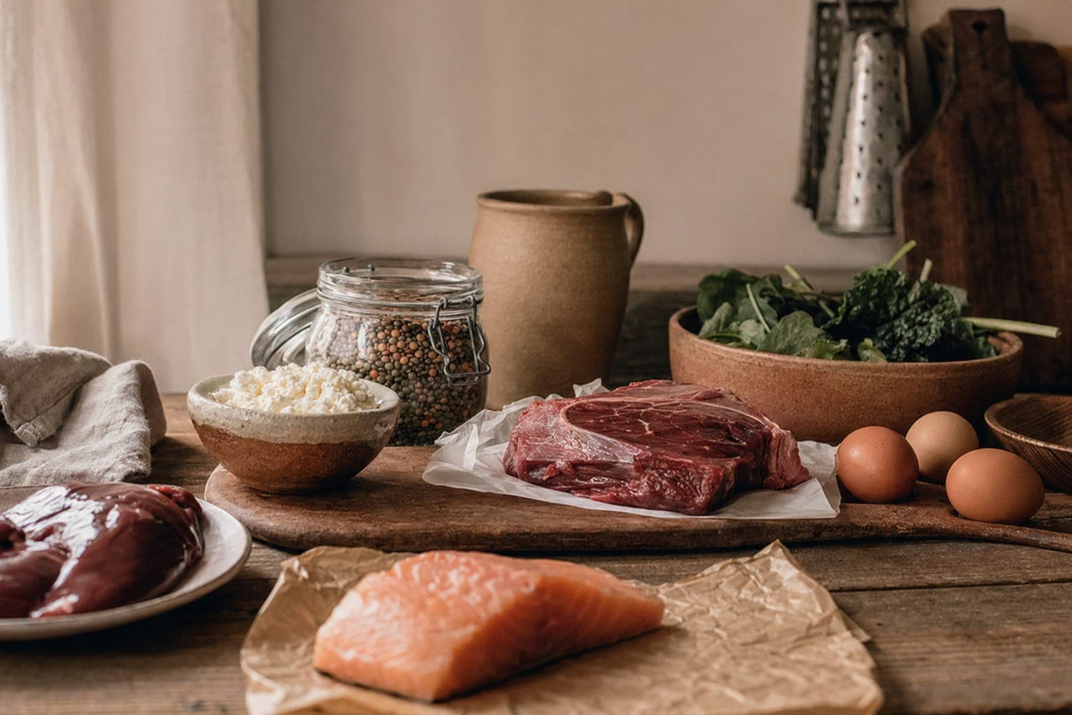 Raw meat, eggs and milk on a wooden board in warm light