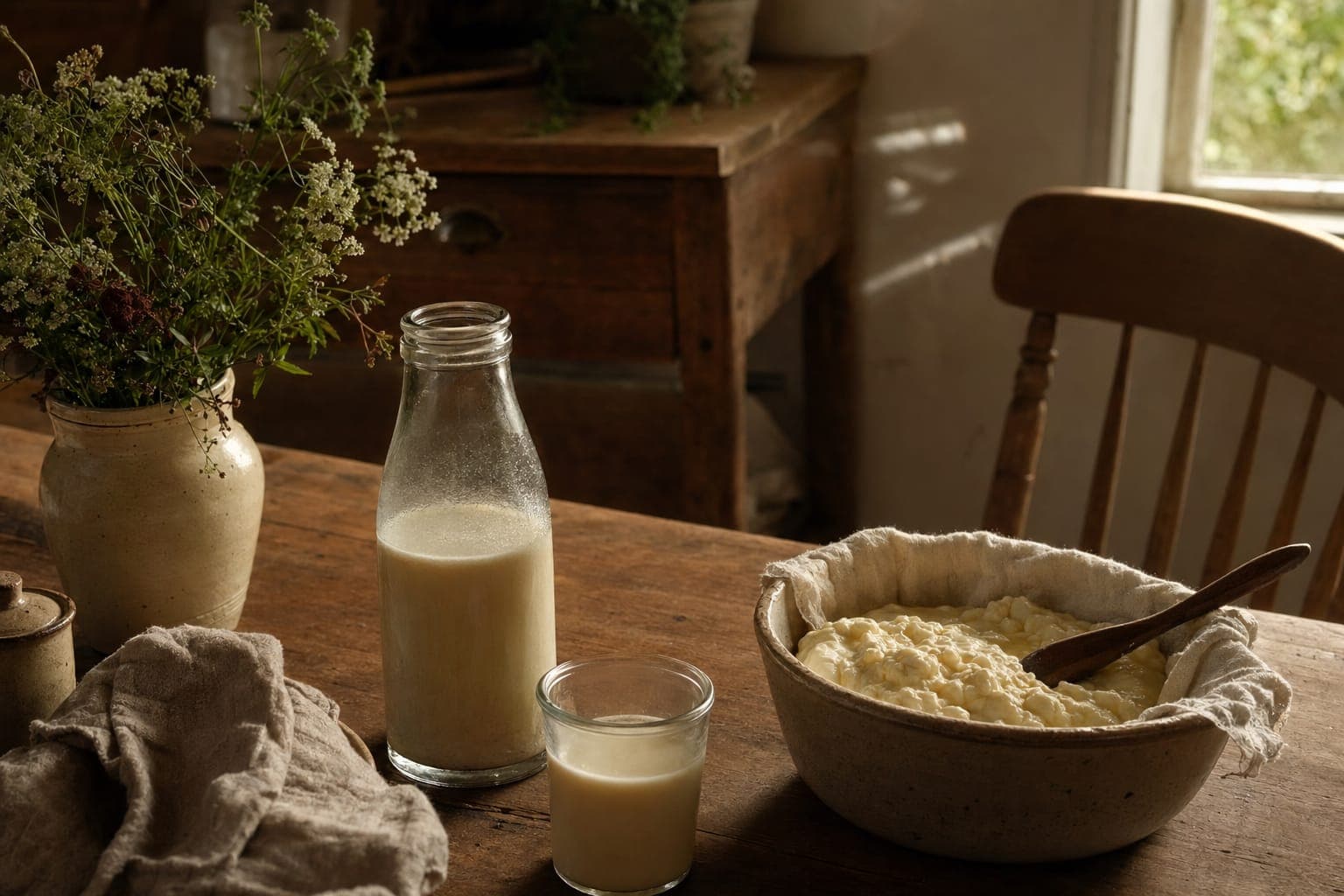 Jars and a bottle of milk on a rustic table in soft light