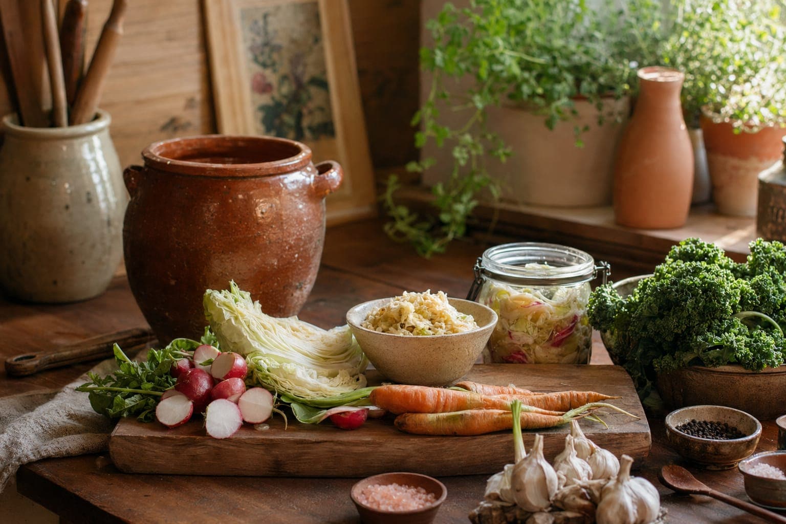 Jars and fresh vegetables on a kitchen counter in warm light