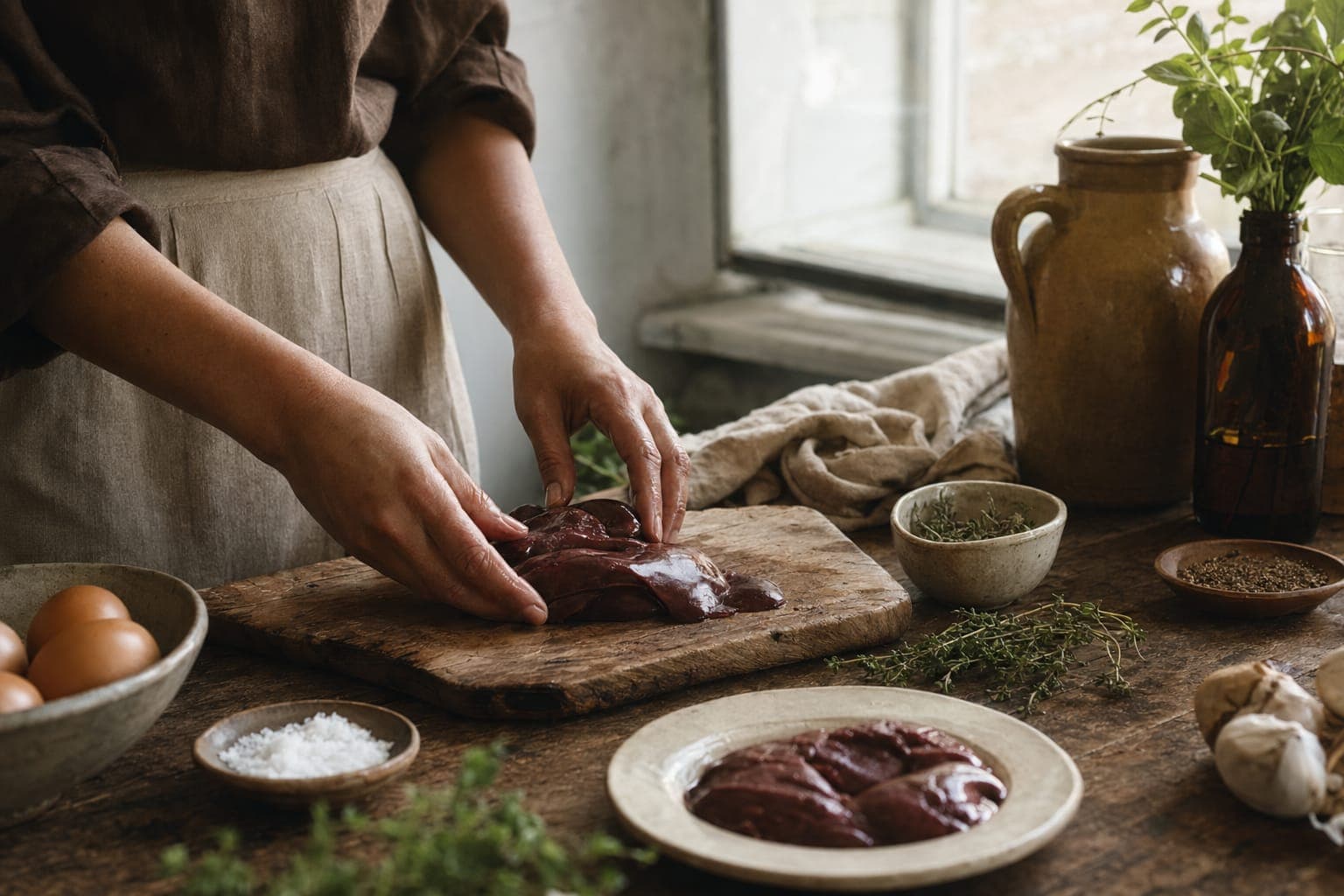 Hands preparing dark organ meat on a board in warm light