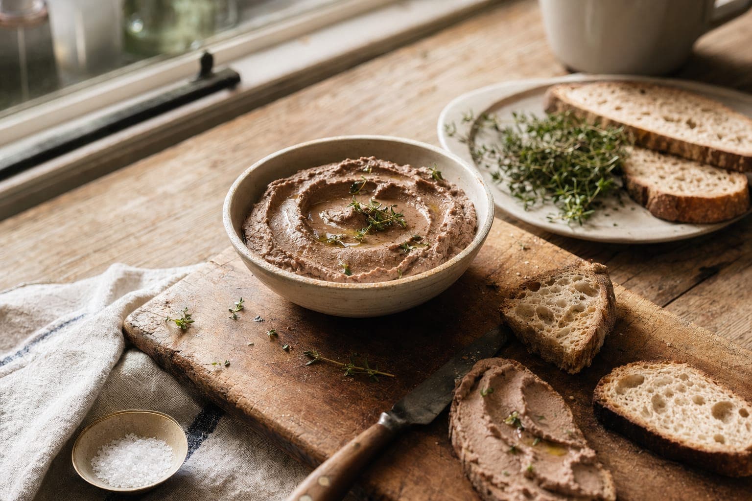 A bowl of pate with bread and herbs on a rustic table