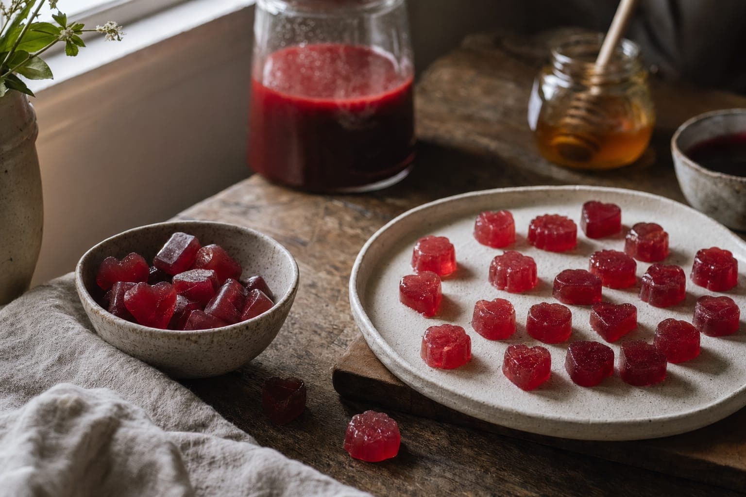 A jug of berry juice and homemade gummies on a table in warm light