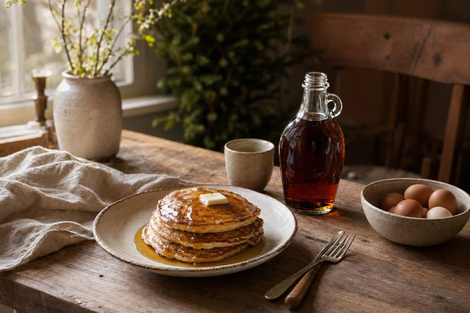 A stack of pancakes with syrup and jars on a rustic table