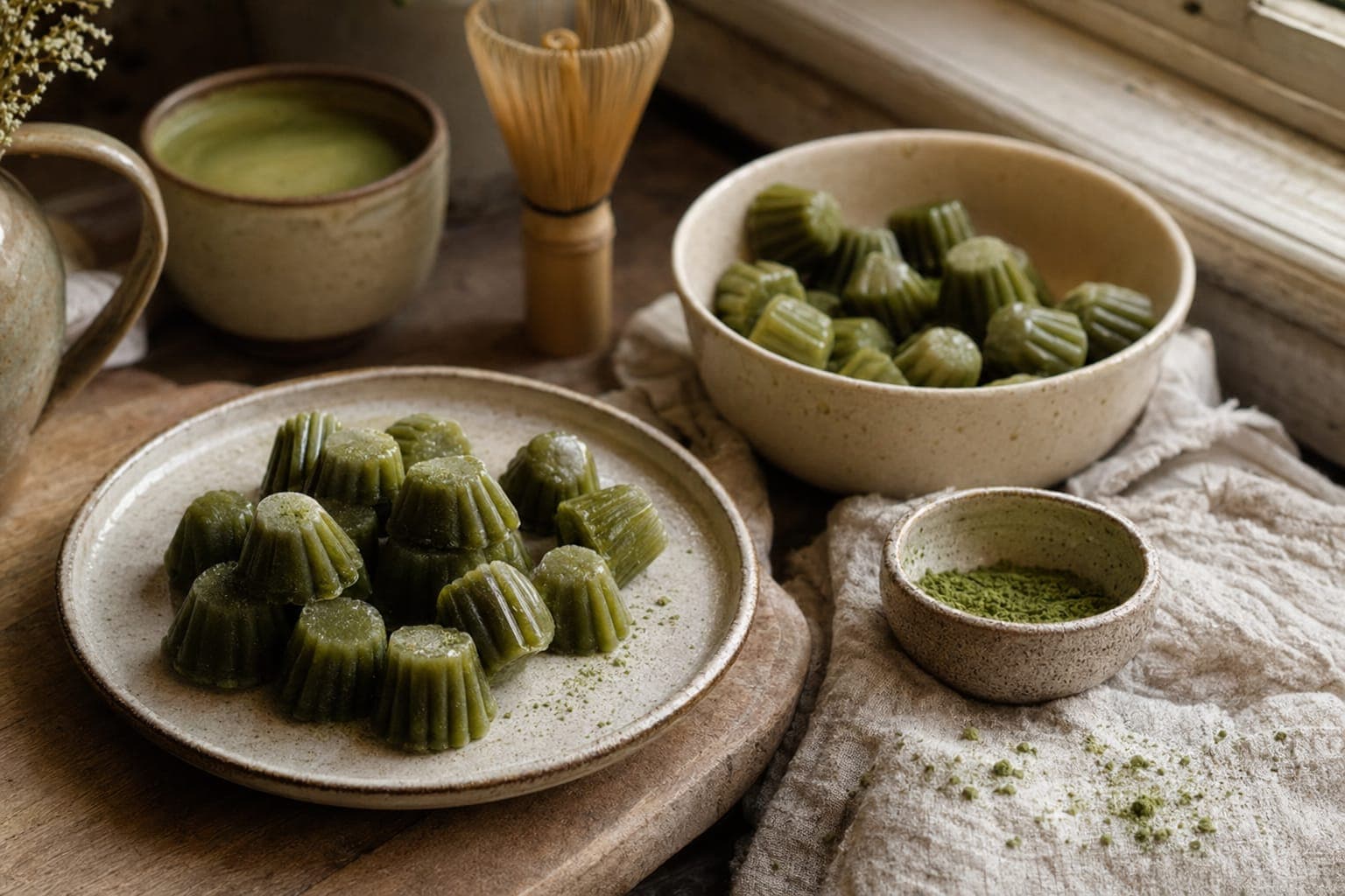 A plate of green matcha gummies with bowls on a rustic table