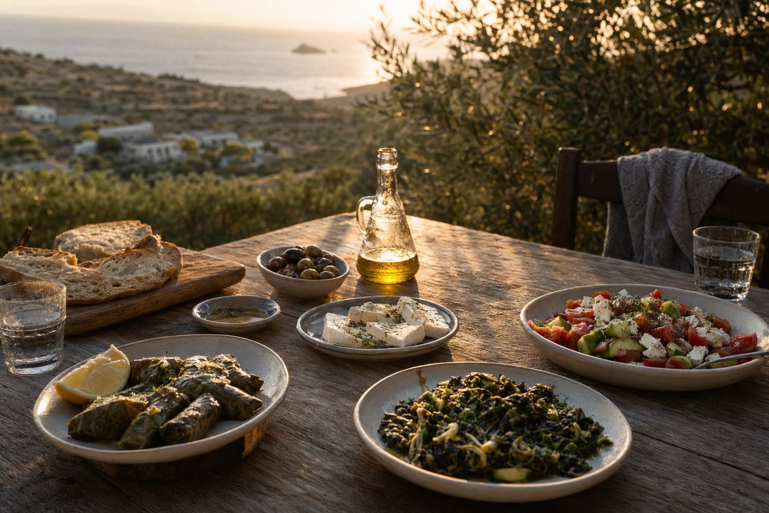A Mediterranean table with olives, oil and vegetables in warm light
