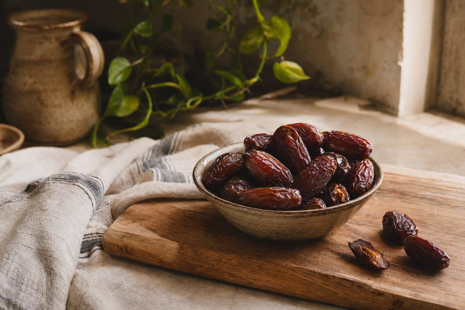 Medjool dates on a wooden board in warm natural light