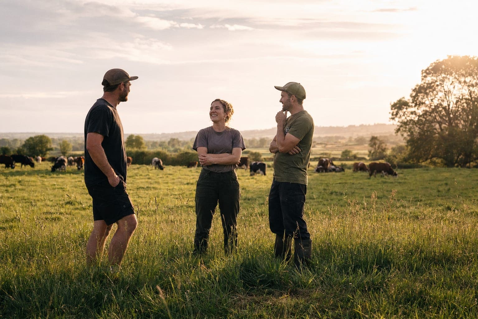 People standing in a green field at golden hour