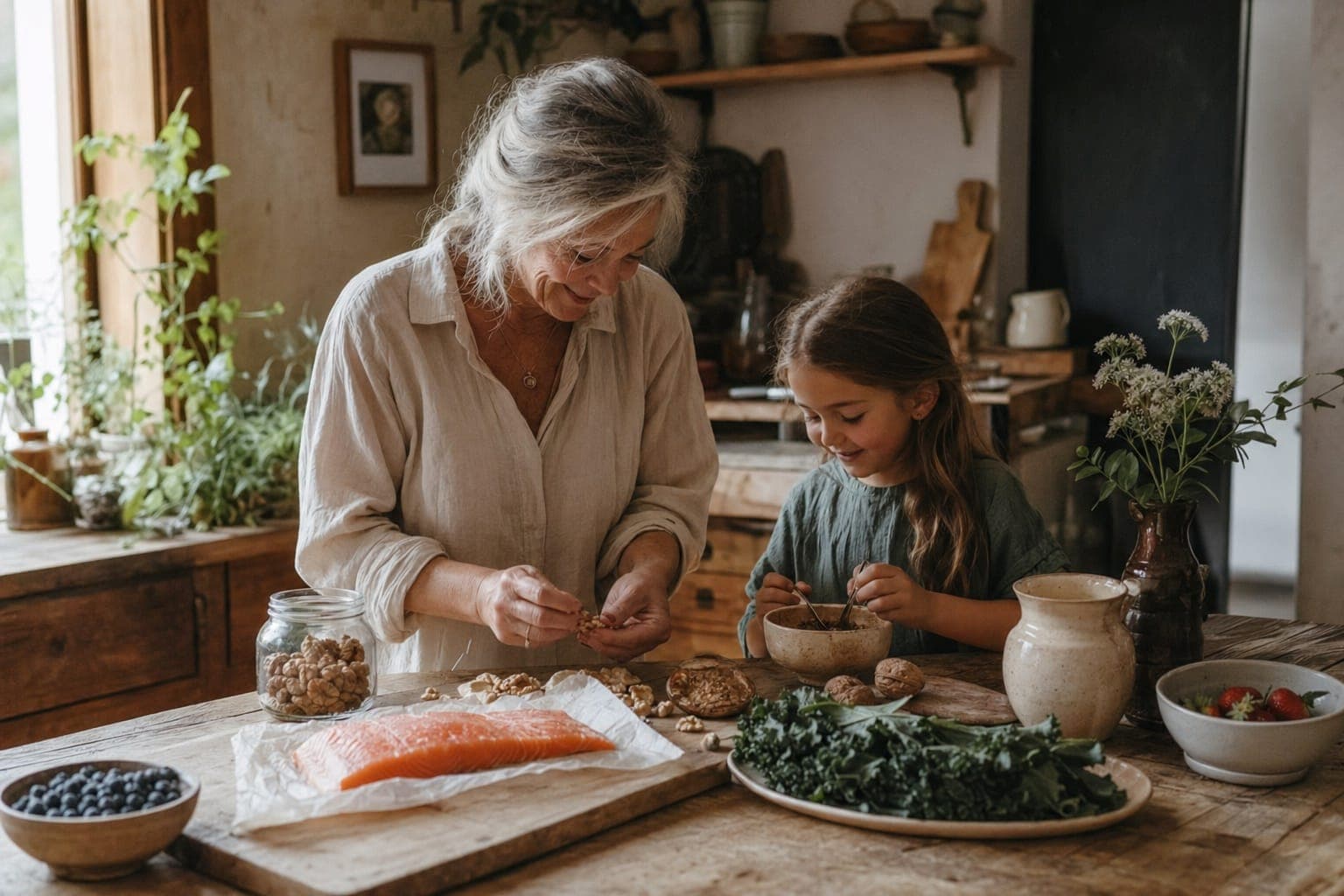 An older woman and child preparing food together in a warm kitchen