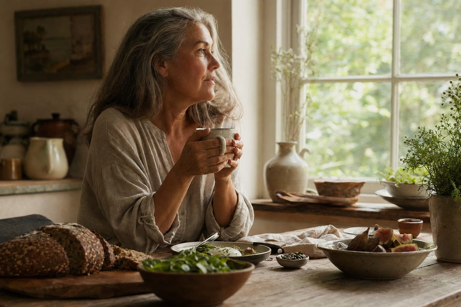 An older woman standing in a sunlit kitchen in soft light