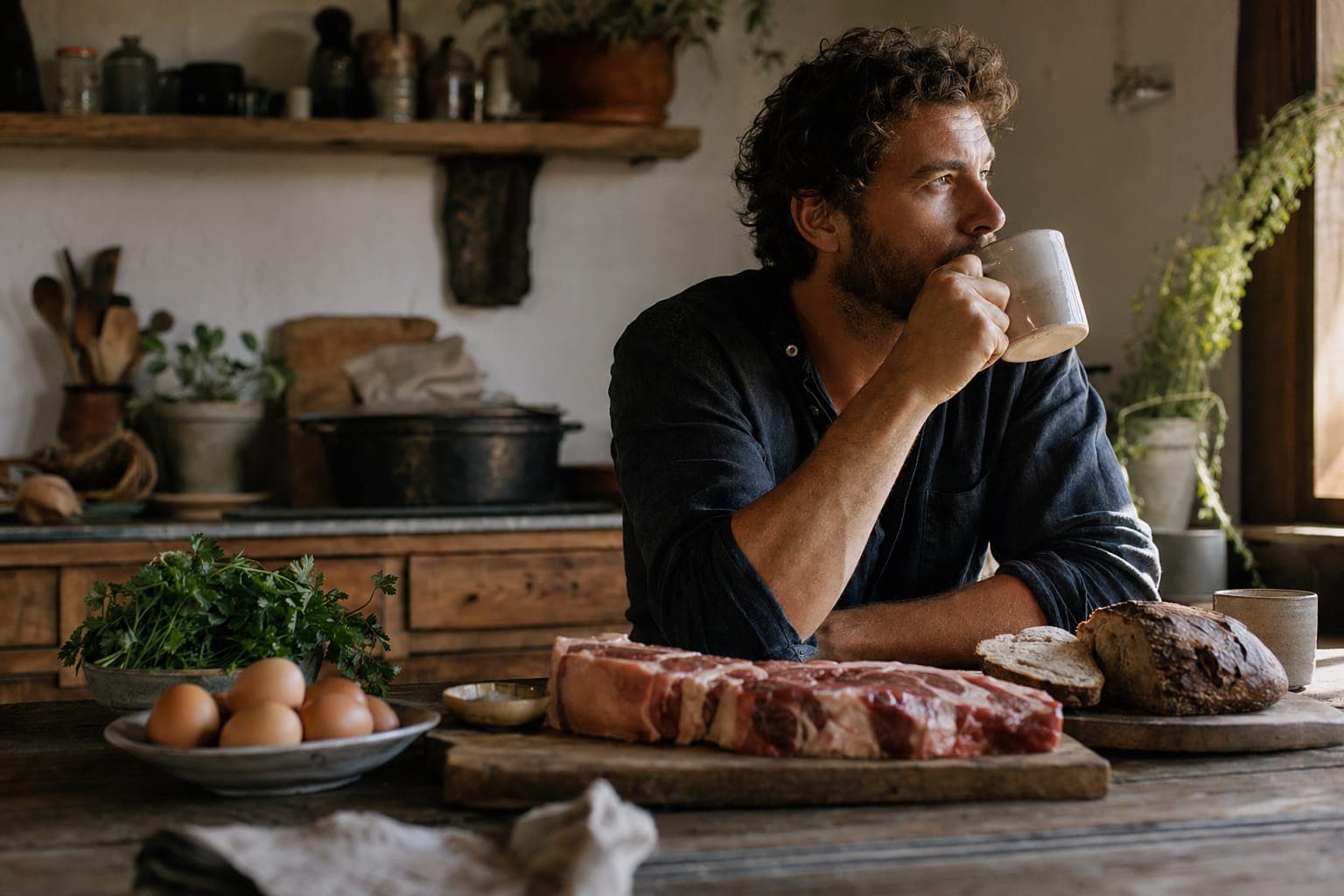 A man holding a cup in a warm, plant-filled kitchen