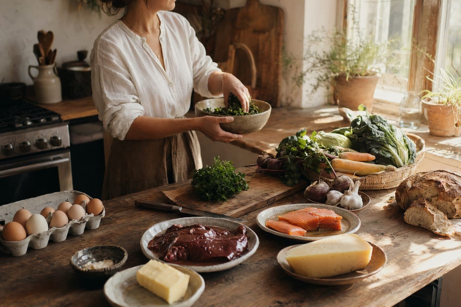 A spread of vegetables and meat on a wooden table in warm light