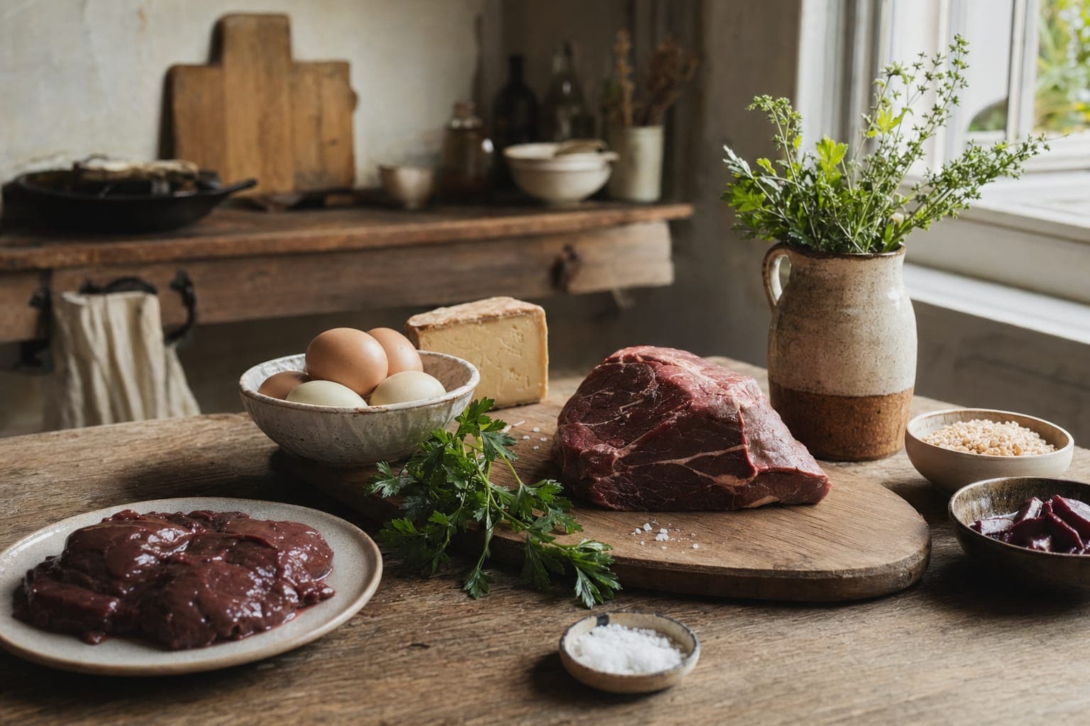 Fresh vegetables, herbs and raw meat on a kitchen counter