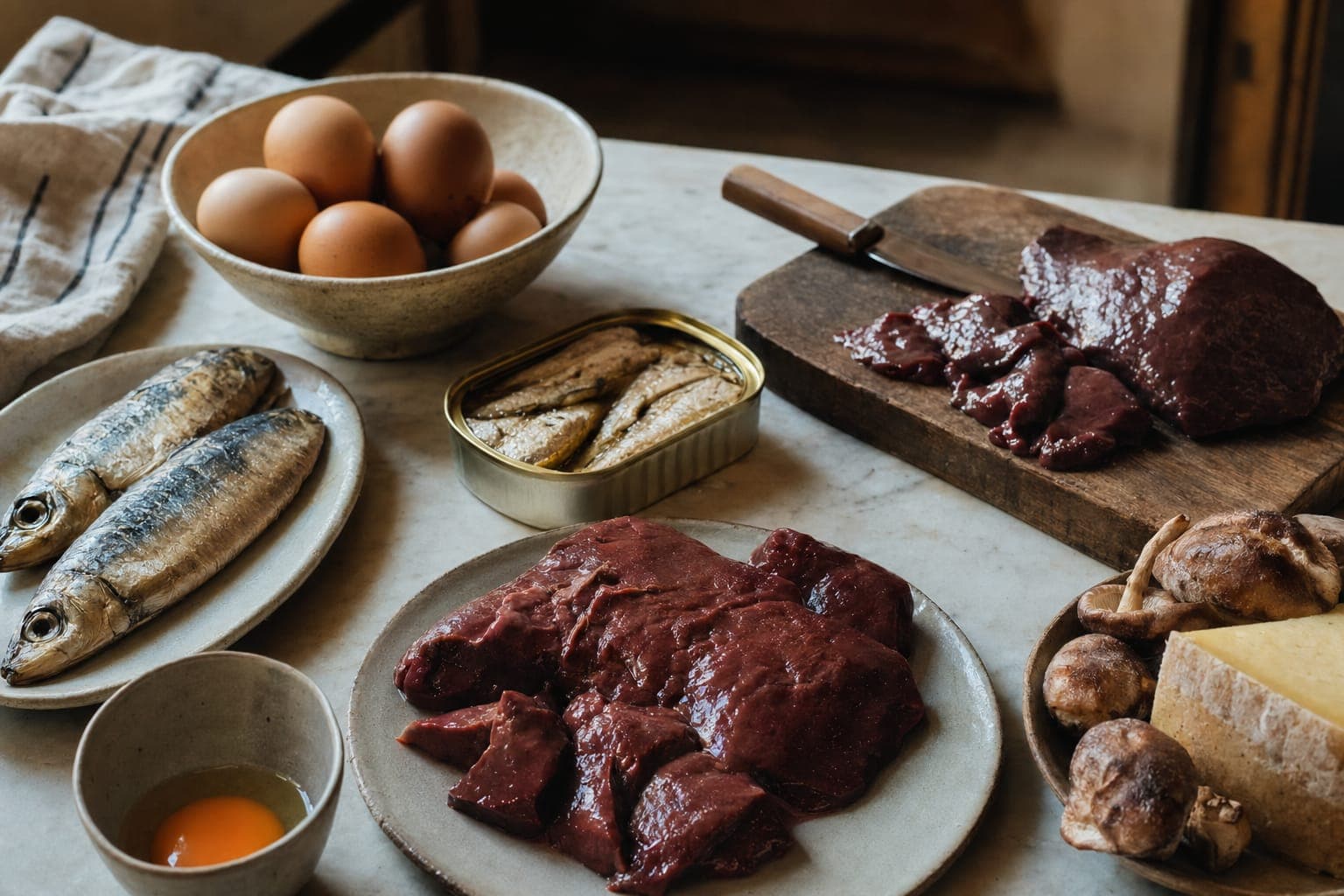 Raw meat and eggs on a wooden board in soft natural light