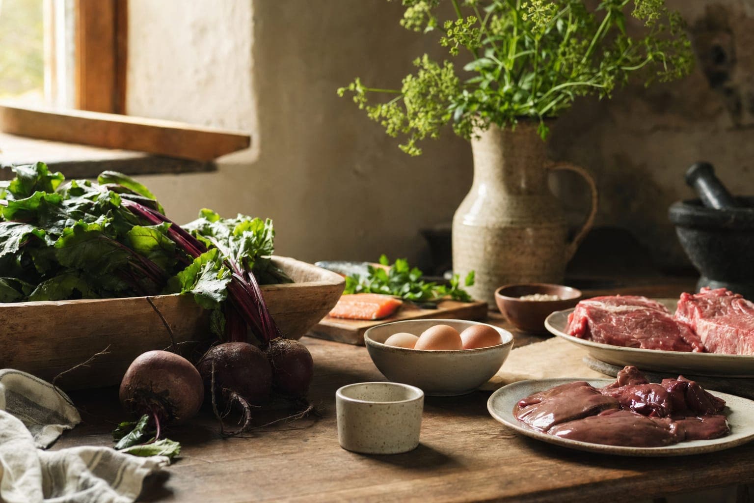 Fresh greens and raw meat on a kitchen counter in warm light