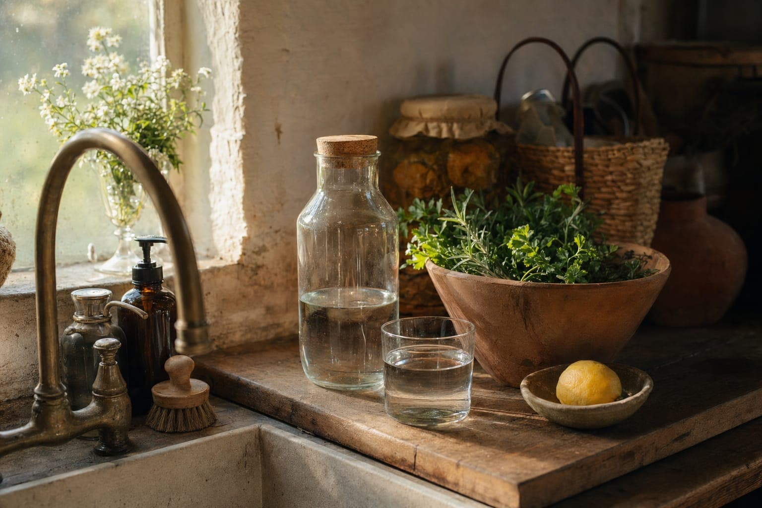 Jars, salad and lemons on a kitchen counter in soft light