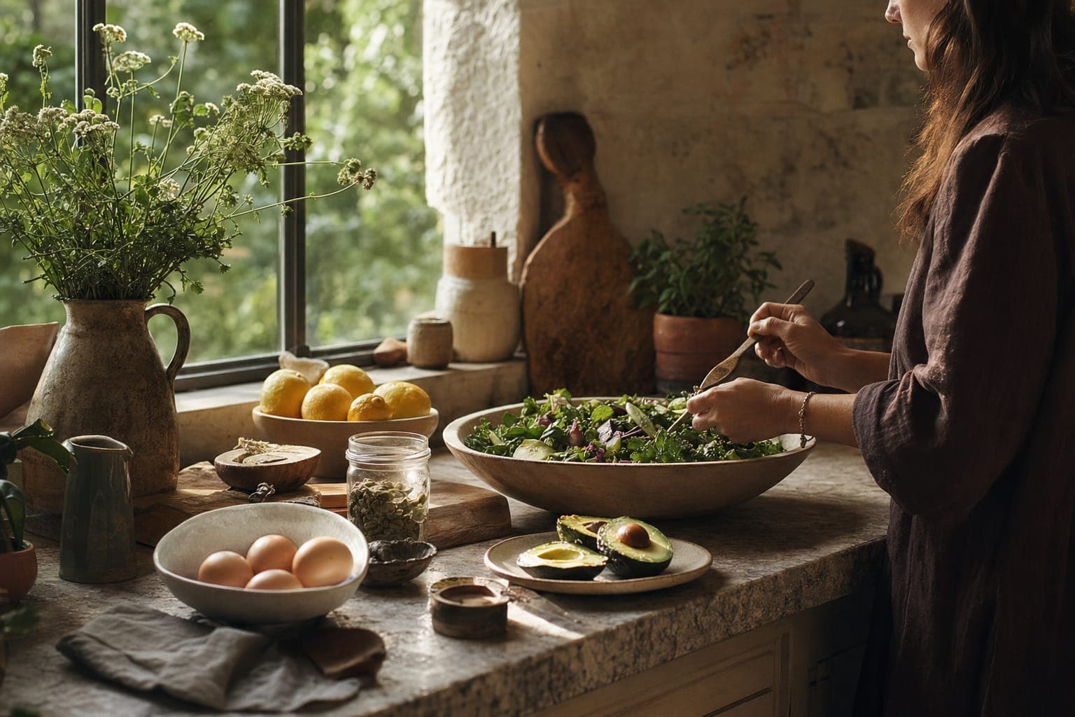 A person in a sunlit kitchen with a table of food