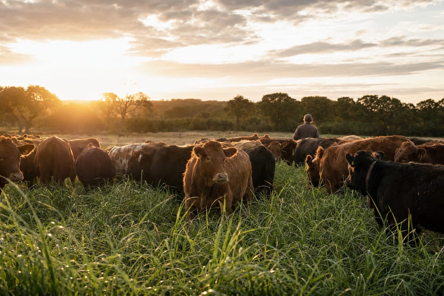 Livestock grazing in a green pasture under soft sky