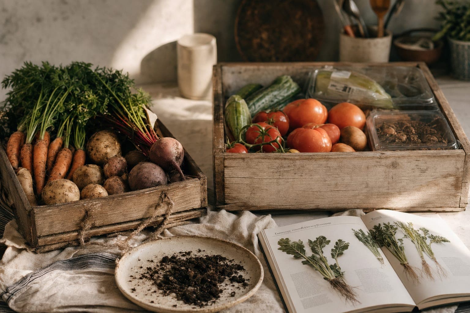 A basket of fresh vegetables on a wooden counter in warm light