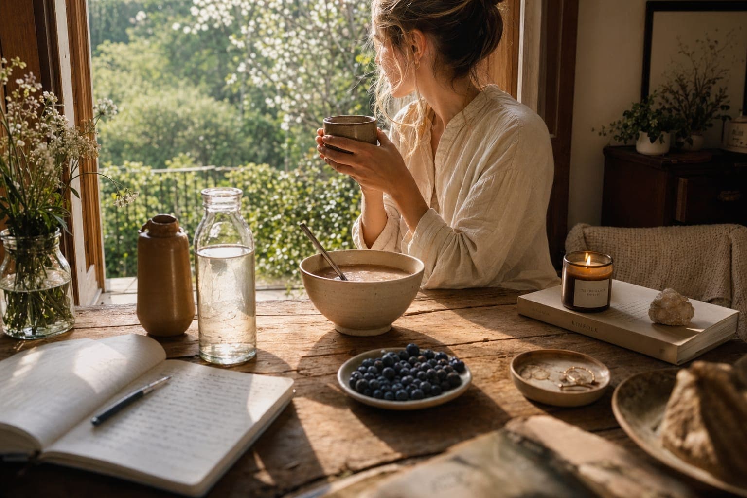A person stirring a warm drink in a sunlit kitchen