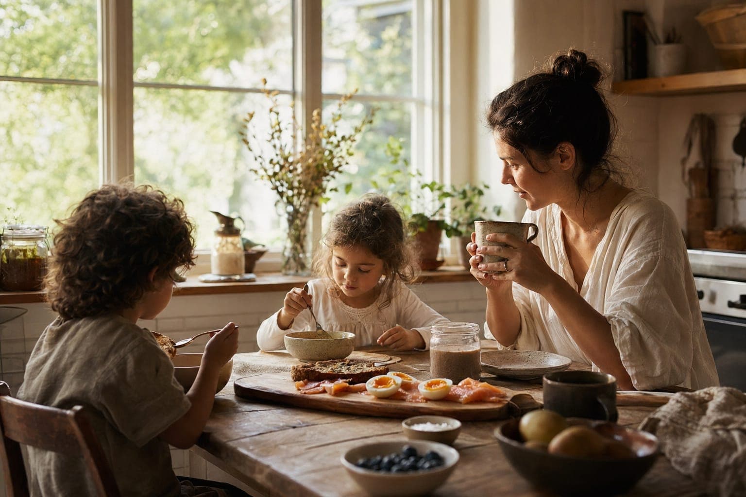 A mother and child sharing breakfast at a table in warm light