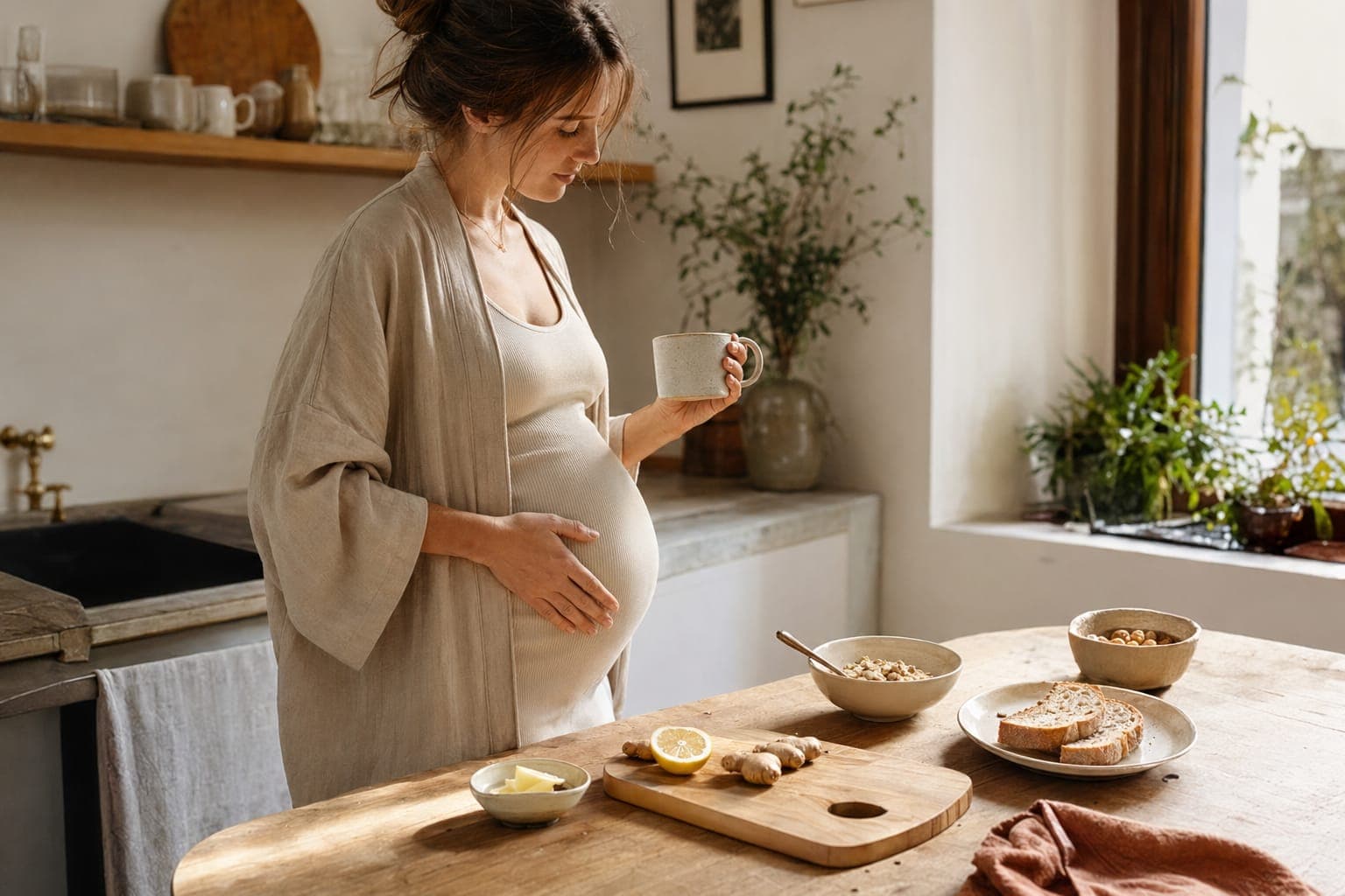 A woman preparing food at a kitchen counter in soft light
