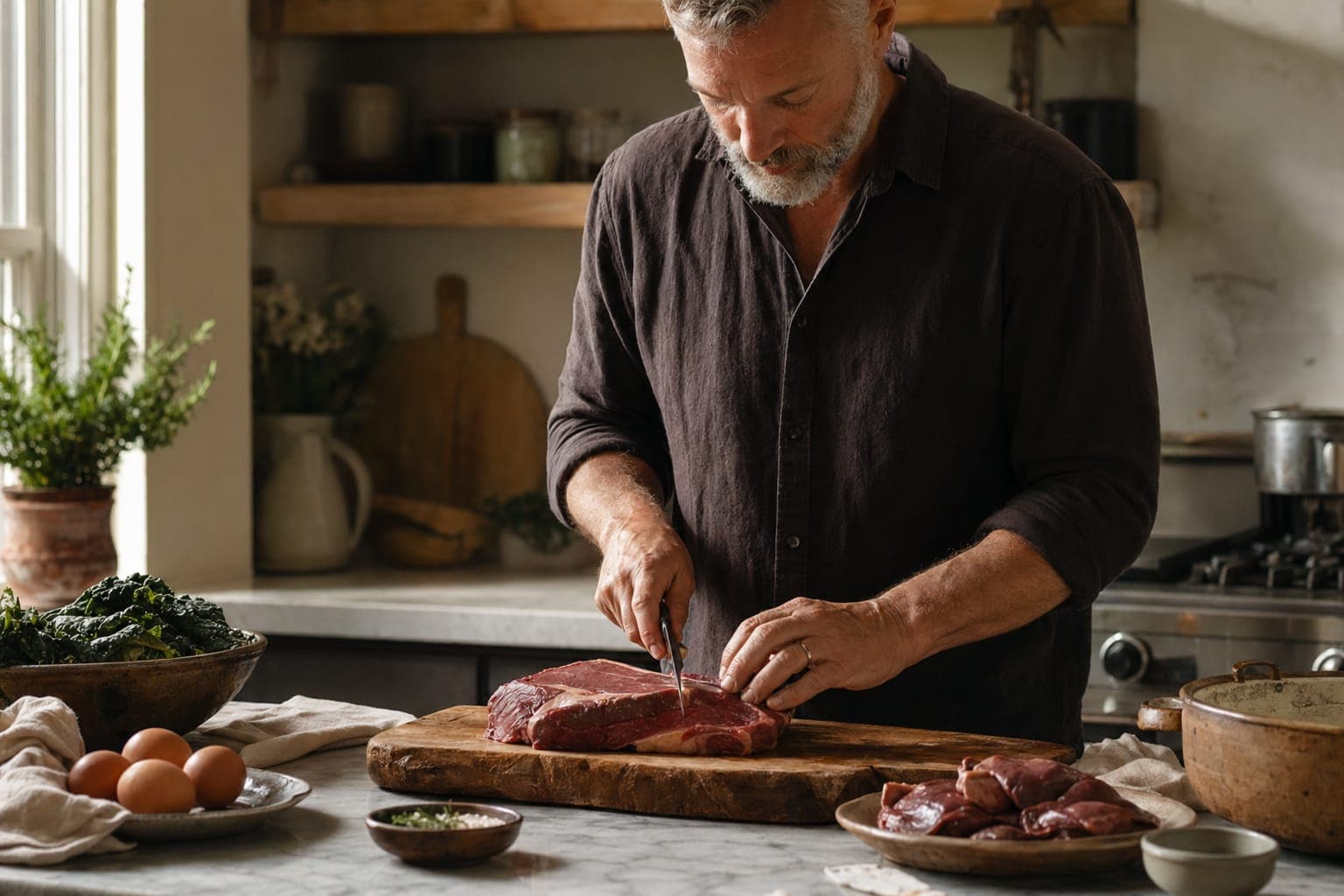 A man slicing raw meat on a wooden board in warm light