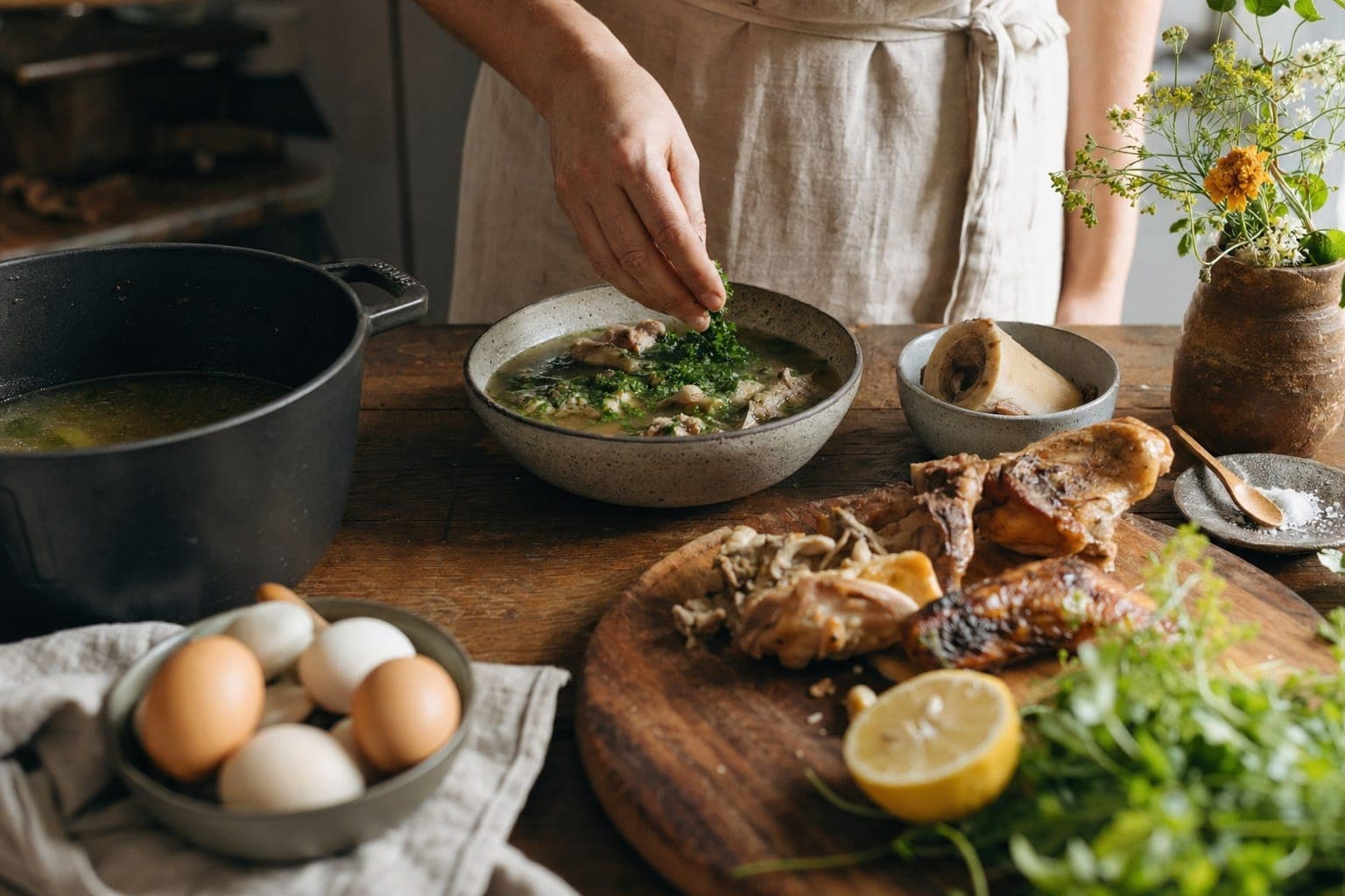 A bowl of food with eggs and greens on a wooden table