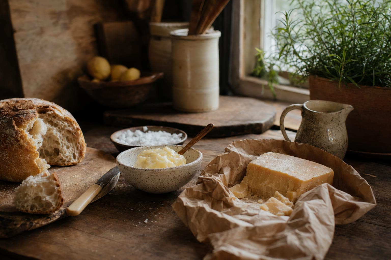 Bread and milk on a kitchen counter in warm light