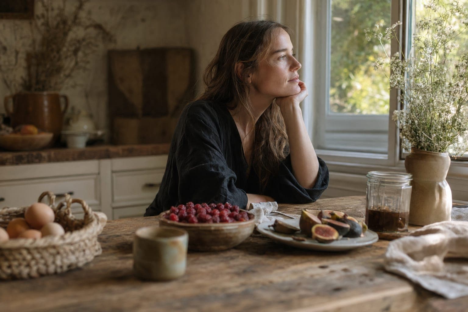 A woman in a sunlit kitchen in soft natural light