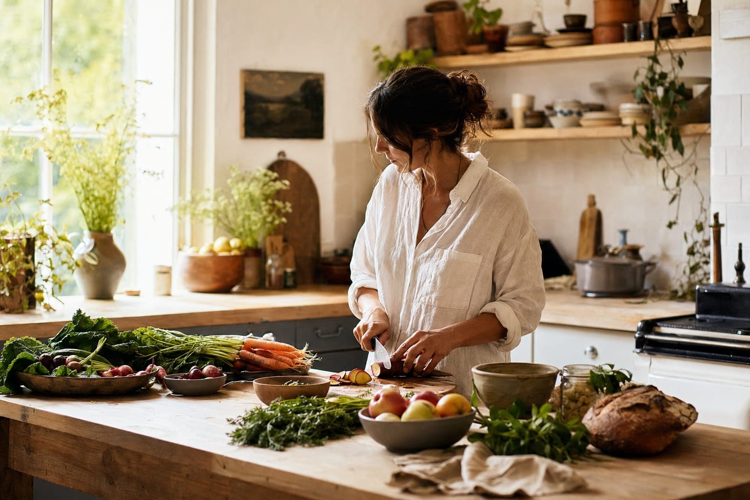 A woman preparing fresh vegetables at a counter in warm light
