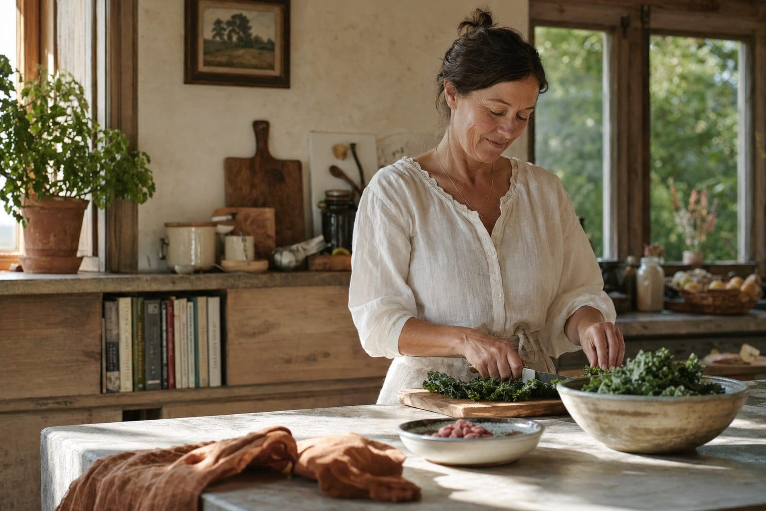 A woman preparing a meal at a kitchen counter in soft light