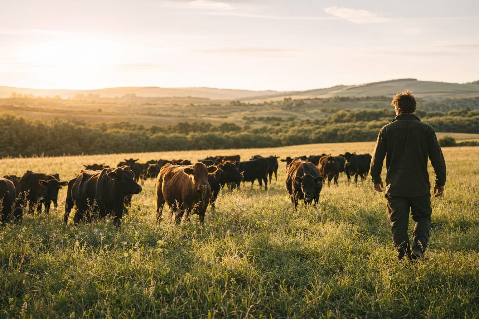 Cattle grazing in a pasture at sunset with a farmer nearby